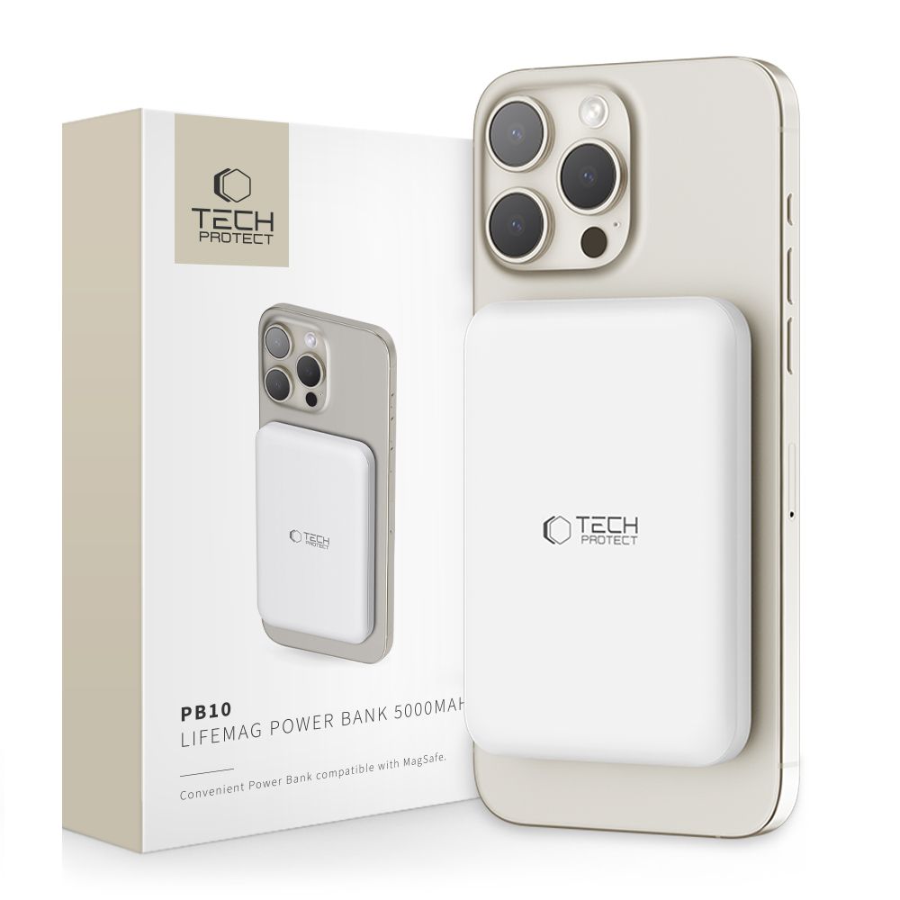 Tech-Protect LifeMag PB10 Powerbank MagSafe 5000mAh 15W USB-C portiga - valge + USB-C kaabel