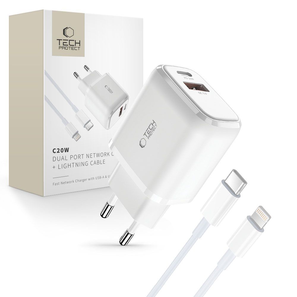 Tech-Protect C20W USB-C PD 20W / USB-A QC 3.0 Laadija koos USB-C / Lightning Kaabel - valge