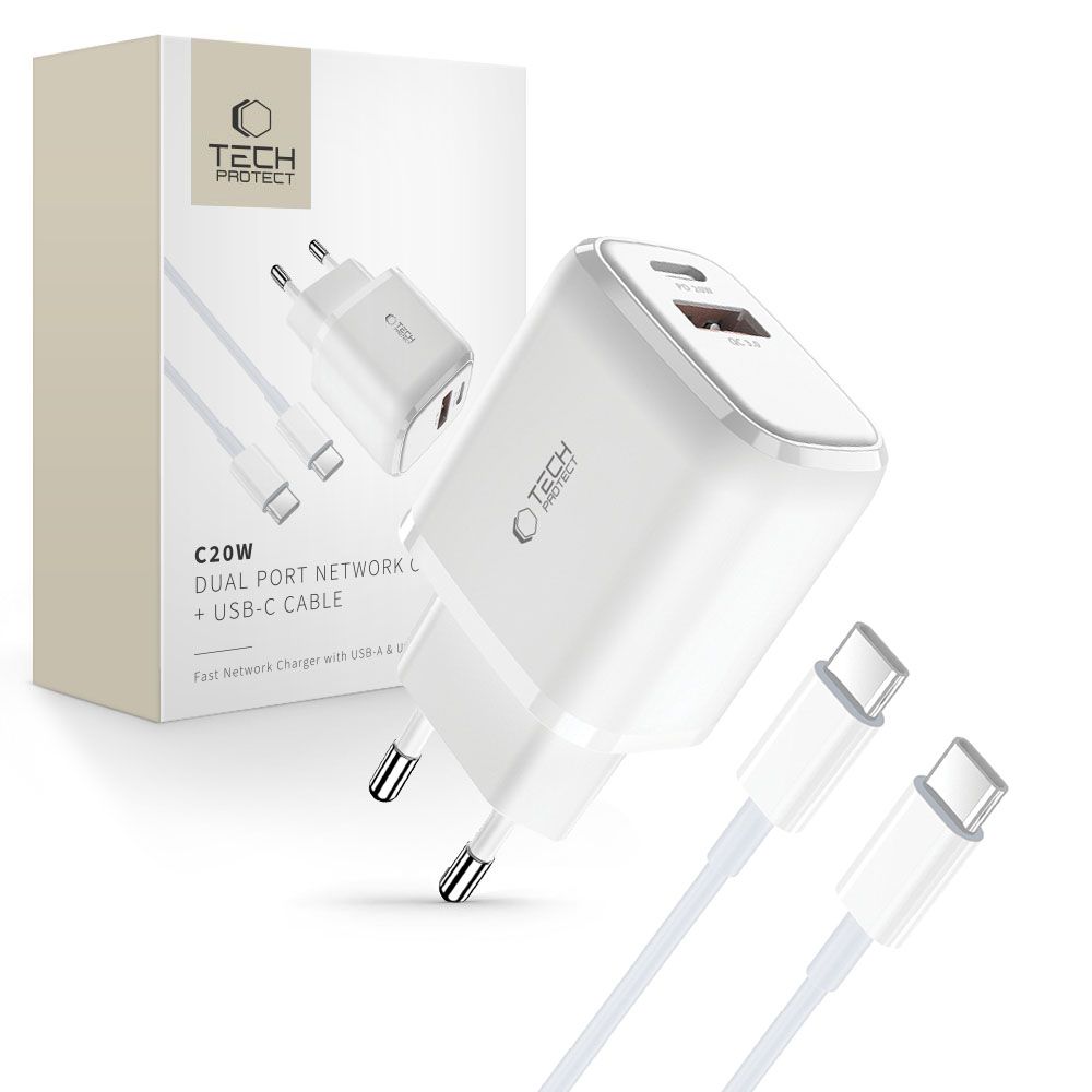 Tech-Protect C20W USB-C PD 20W / USB-A QC 3.0 laadija koos USB-C / USB-C kaabel - valge