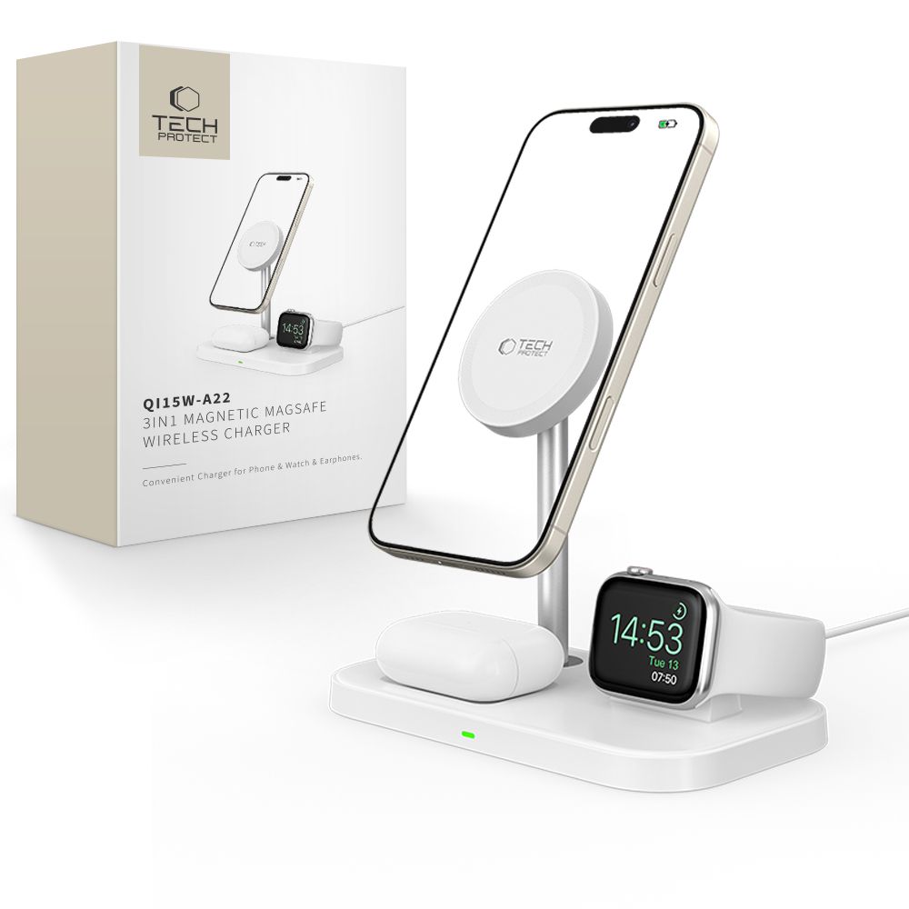 Tech-Protect QI15W-A22 MagSafe induktiivne laadija koos 3in1 MagSafe alus jaoks smartphone / Apple Watch / AirPods - valge