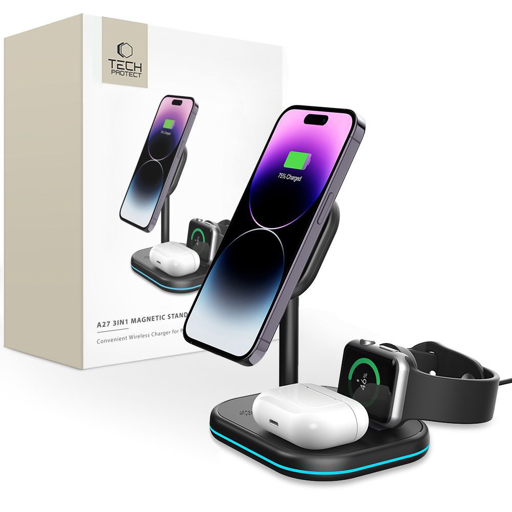 Tech-Protect QI15W-A27 3-in-1 Inductive Charger with MagSafe Stand for Smartphone / Apple Watch / AirPods - Black