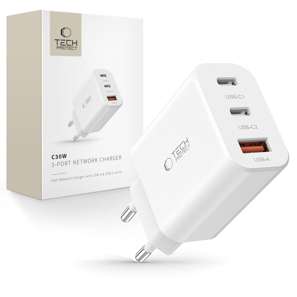 Tech-Protect NC30W laadija 2x USB-C PD 30W / USB-A QC 3.0 - valge