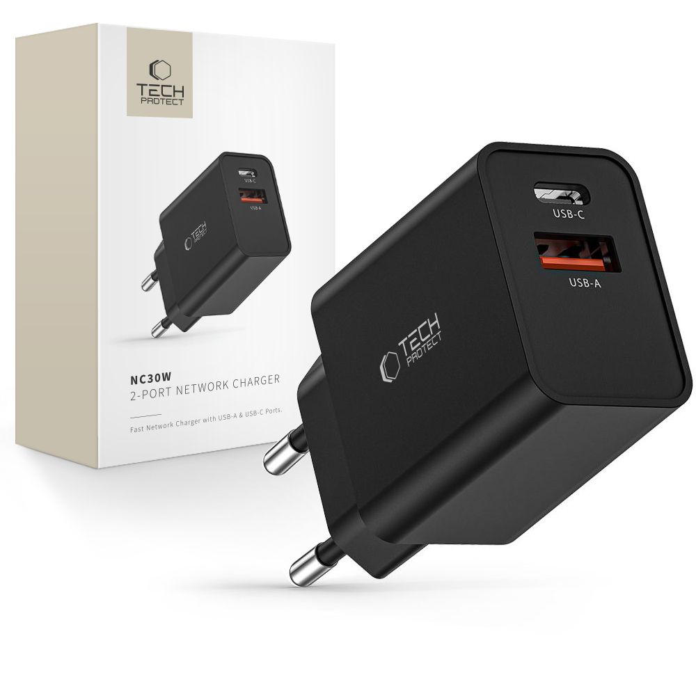 Tech-Protect NC30W Laadija USB-C PD 30W / USB-A QC 3.0 - must