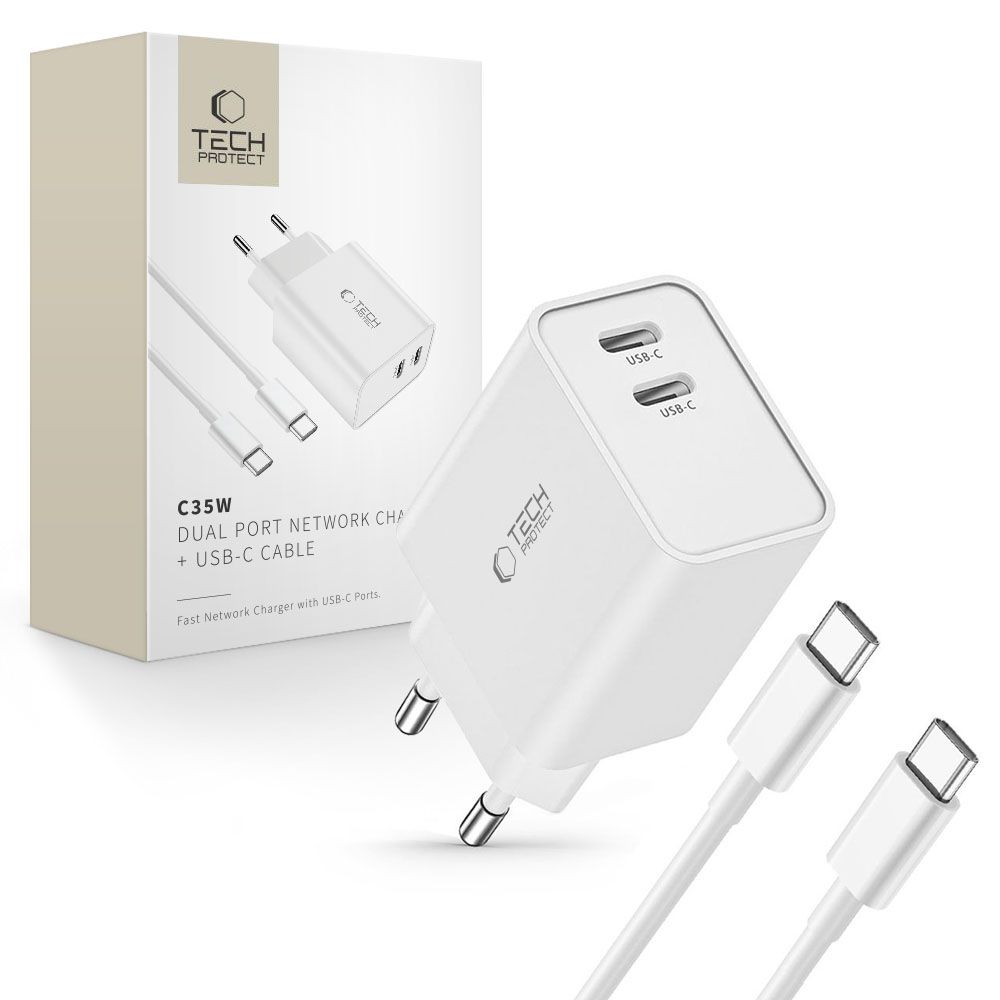 Tech-Protect C35W 2x USB-C PD 35W laadija koos USB-C / USB-C kaabel - valge