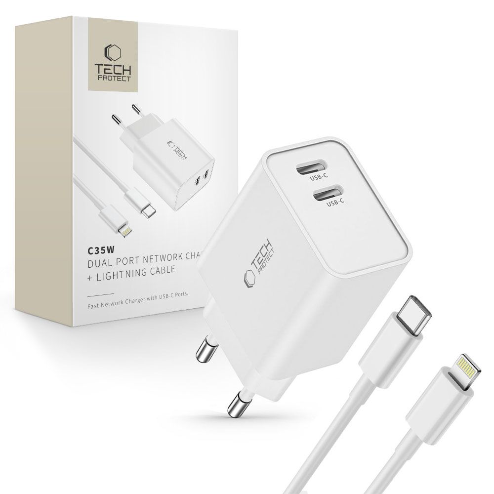 Tech-Protect C35W 2x USB-C PD 35W Wall Laadija koos USB-C / Lightning Kaabel - valge
