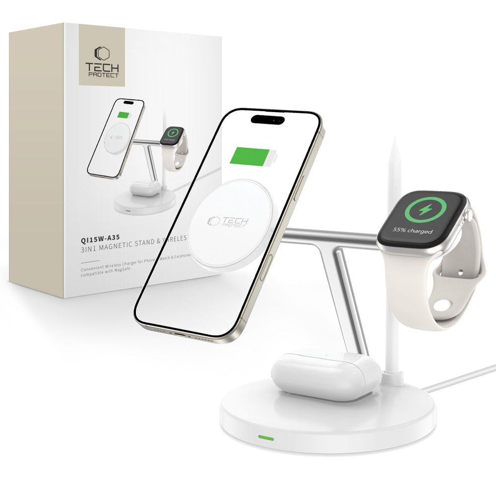 Tech-Protect QI15W-A35 3-in-1 Induktiivne Laadija koos MagSafe jaoks Phone / AirPods / Apple Watch - valge