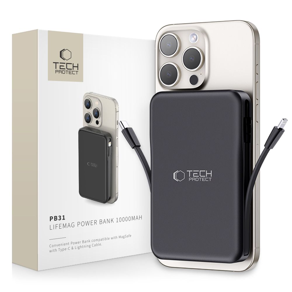 Tech-Protect LifeMag PB31 Power Bank koos MagSafe 10000mAh 15W USB-C / USB-A / sisseehitatud USB-C / Lightning kaablid - must