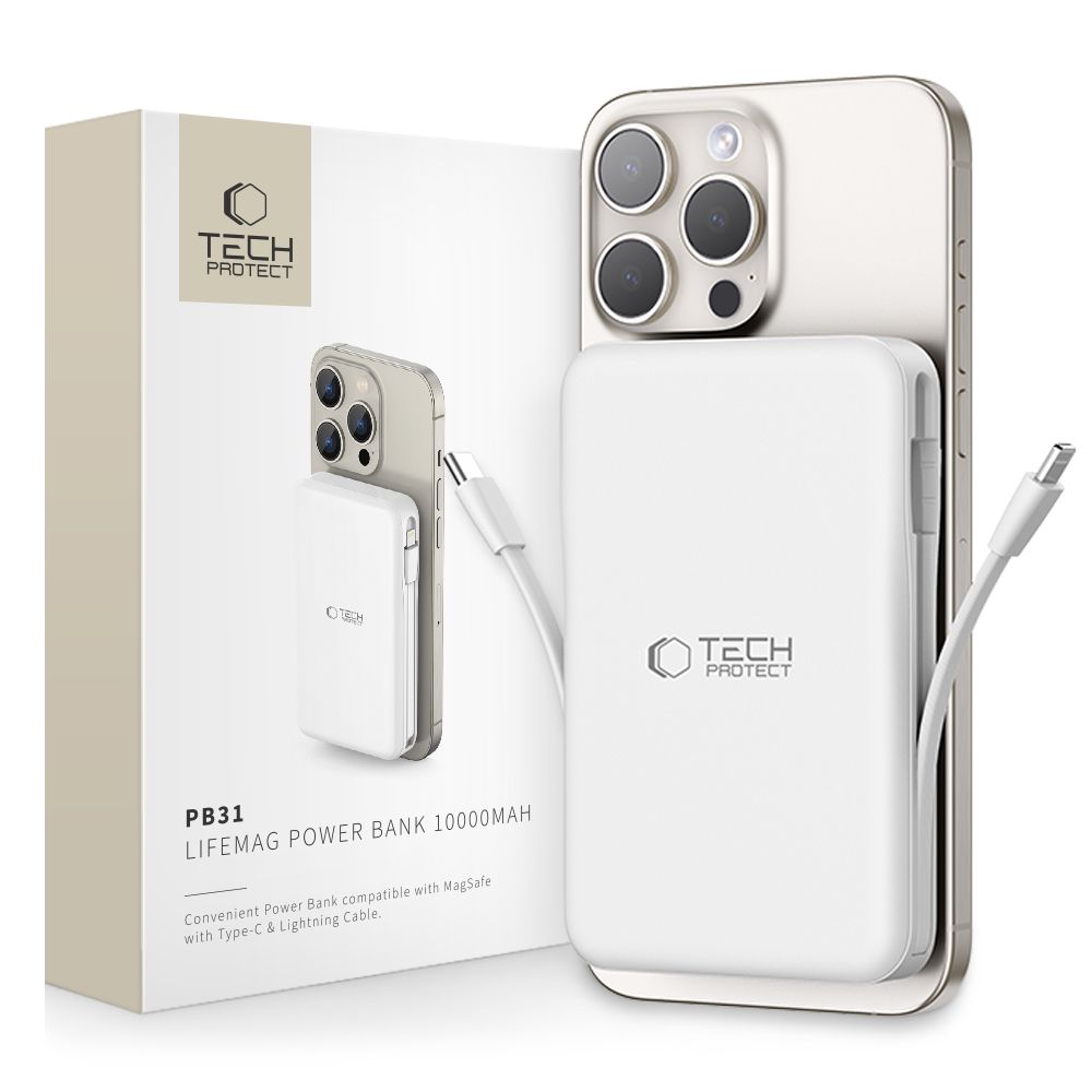 Tech-Protect LifeMag PB31 Power Bank MagSafe 10000mAh 15W USB-C / USB-A / sisseehitatud USB-C / Lightning kaablid - valge