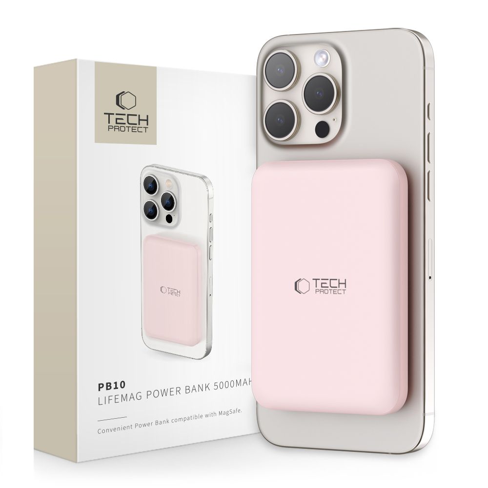 Tech-Protect LifeMag PB10 Powerbank MagSafe 5000mAh 15W USB-C portiga - roosa + USB-C kaabel