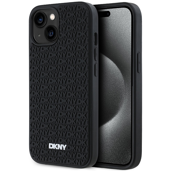 DKNY 3D Rubber Repeat Pattern ümbris jaoks iPhone 15 Plus - must