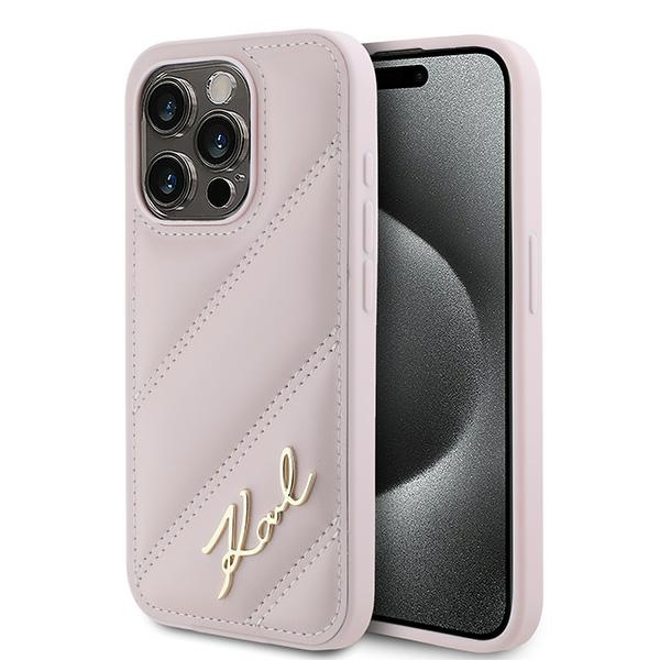 Karl Lagerfeld Diagonal Quilted Script ümbris jaoks iPhone 15 Pro - roosa