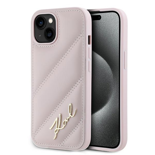 Karl Lagerfeld Diagonal Quilted Script ümbris jaoks iPhone 15 Plus / 14 Plus - roosa