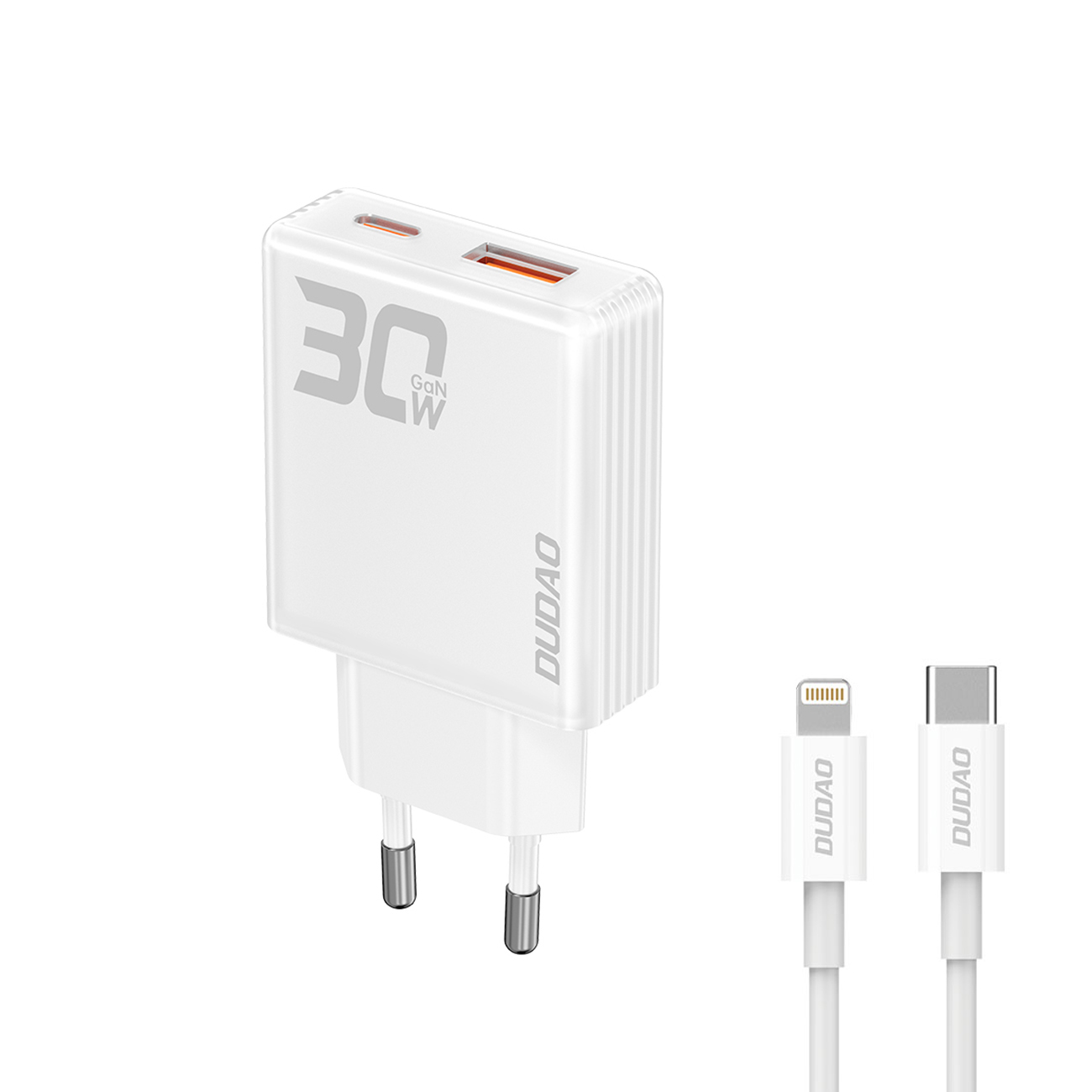 GaN Dudao A30EUL 30W USB-A / USB-C Wall Laadija + USB-C - Lightning Kaabel - valge