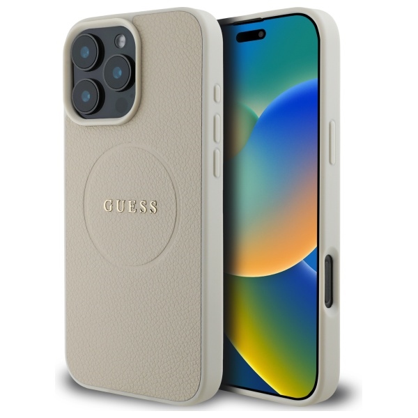 Guess Grained Kuldne Ring MagSafe Ümbris jaoks iPhone 16 Pro Max - Beige