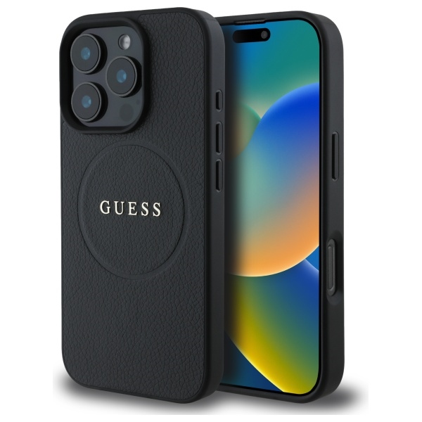 Guess Grained Kuldne Ring MagSafe ümbris jaoks iPhone 16 Pro Max - must