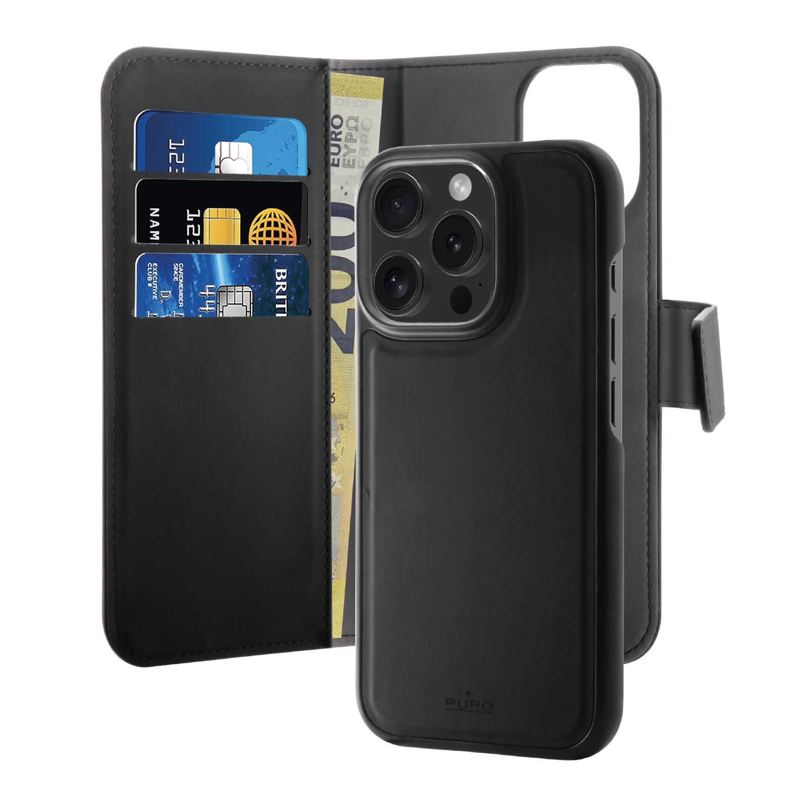 Puro Wallet Съемный чехол MagSafe 2 в 1 из кожи PU с клапаном и кошельком для iPhone 16 Pro - черный