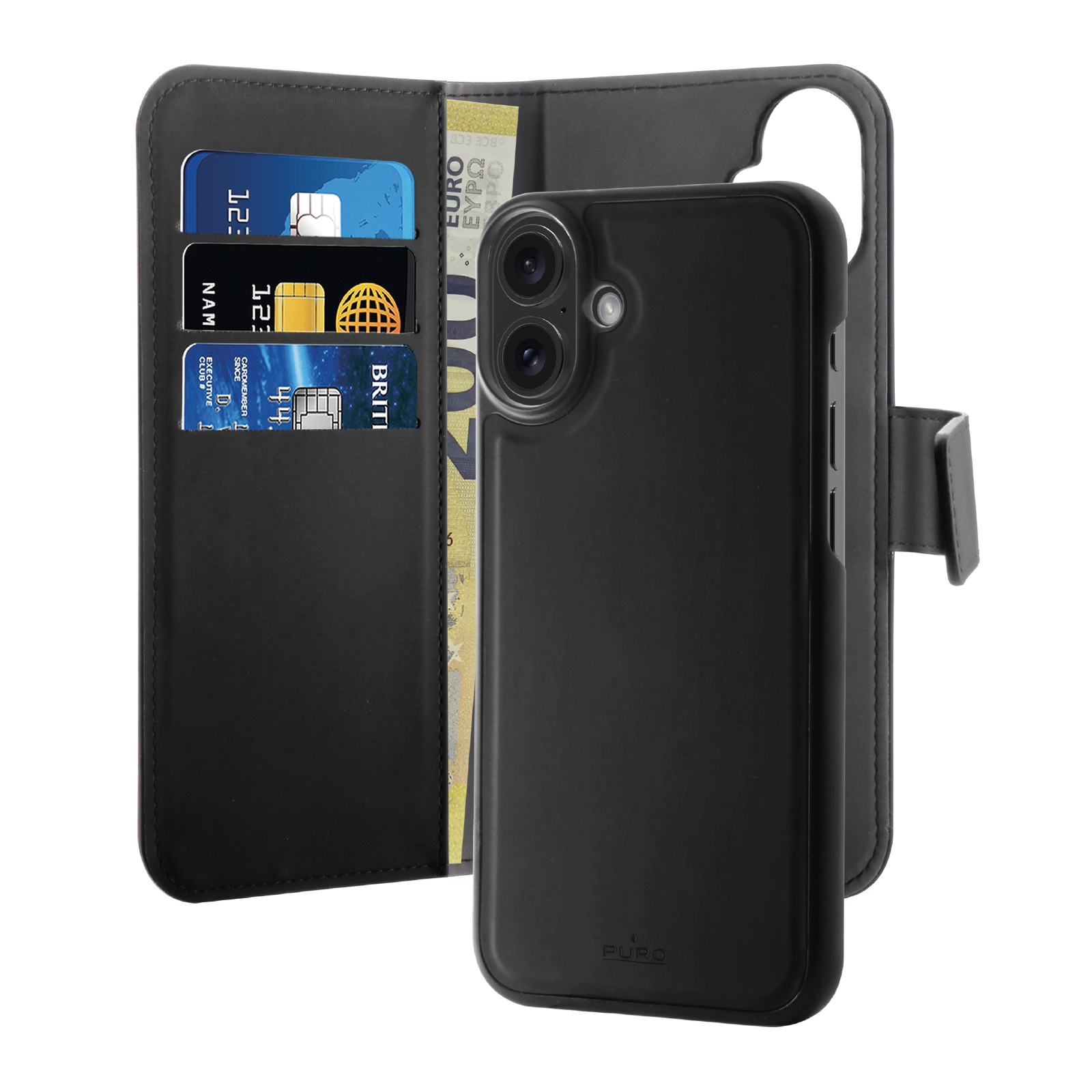 Puro Wallet Detachable MagSafe 2in1 PU Leather Ümbris with Flap and Wallet jaoks iPhone 16 - Must