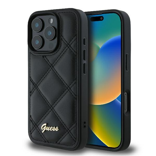 Guess Quilted Metal Logo iPhone 16 Pro Ümbris - Must