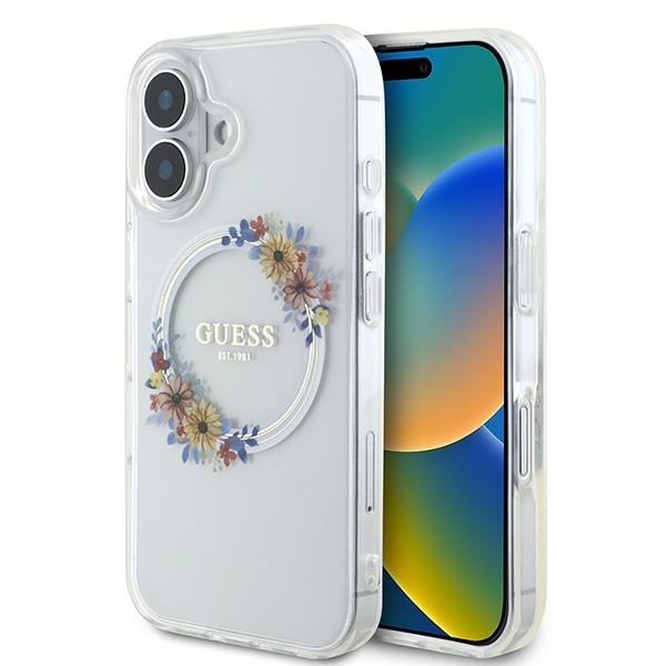 Guess IML Flowers Wreath MagSafe Ümbris jaoks iPhone 16 - Läbipaistev