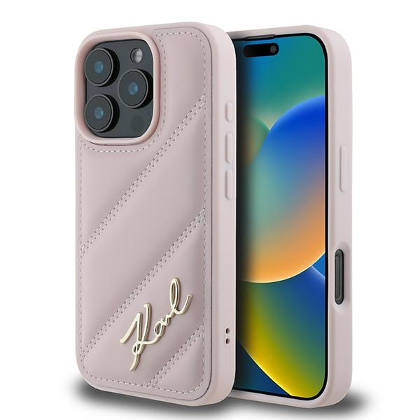 Karl Lagerfeld Quilted Signature iPhone 16 Pro Max Ümbris - Roosa