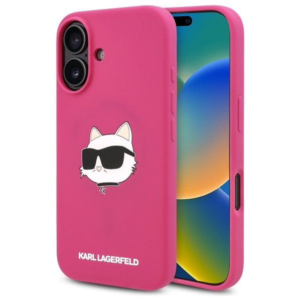 Karl Lagerfeld Silicone Choupette Head Print MagSafe iPhone 16 Ümbris - Fuchsia