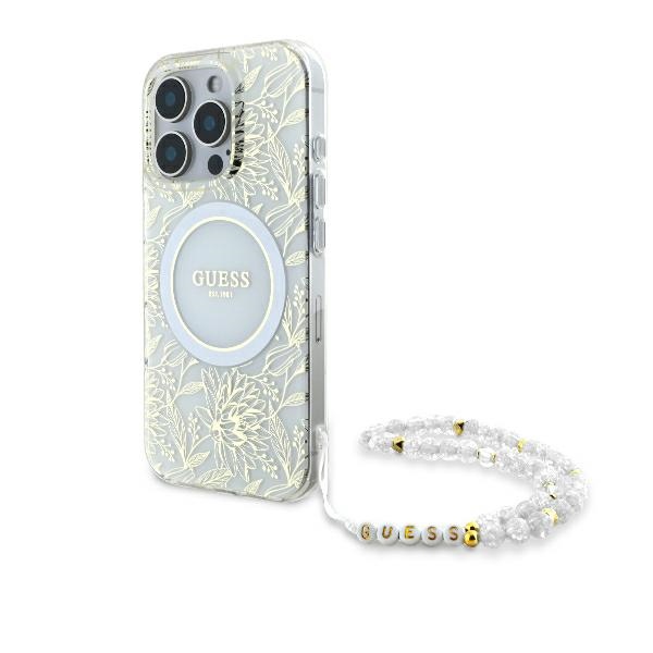 Guess IML Flowers Allover Electro With Pearl Strap MagSafe ümbris jaoks iPhone 16 Pro - valge