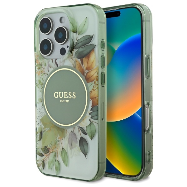 Guess IML Flower & Tonal Circle MagSafe ümbris jaoks iPhone 16 Pro - roheline
