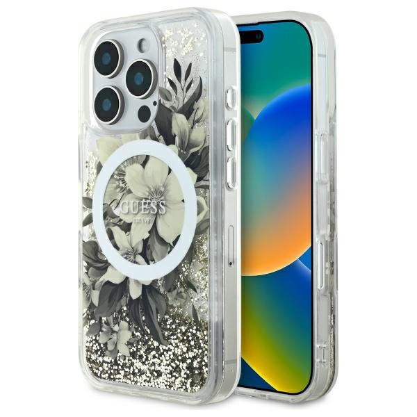 Guess Liquid Glitter Flower MagSafe iPhone 16 Pro Ümbris - Beige