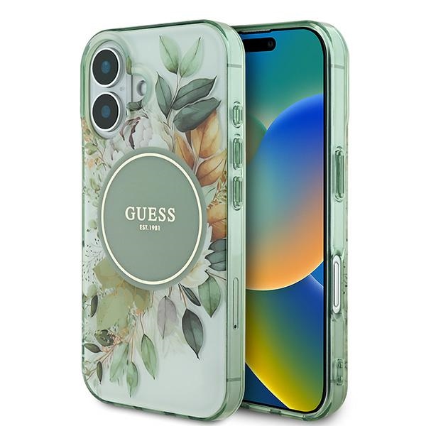 Guess IML Flower & Tonal Circle MagSafe ümbris jaoks iPhone 16 Plus - roheline