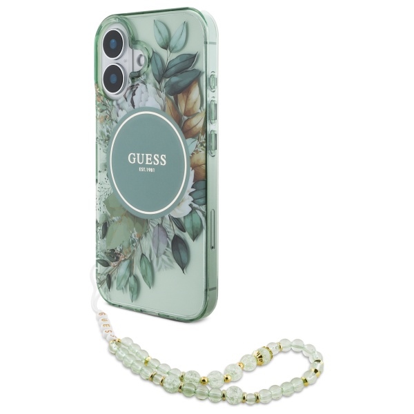 Guess IML Flowers With Pearl Strap MagSafe ümbris jaoks iPhone 16 Plus - roheline
