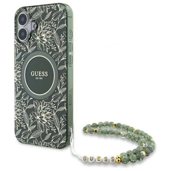 Guess IML Flowers Allover Electro With Pearl Strap MagSafe ümbris jaoks iPhone 16 - roheline