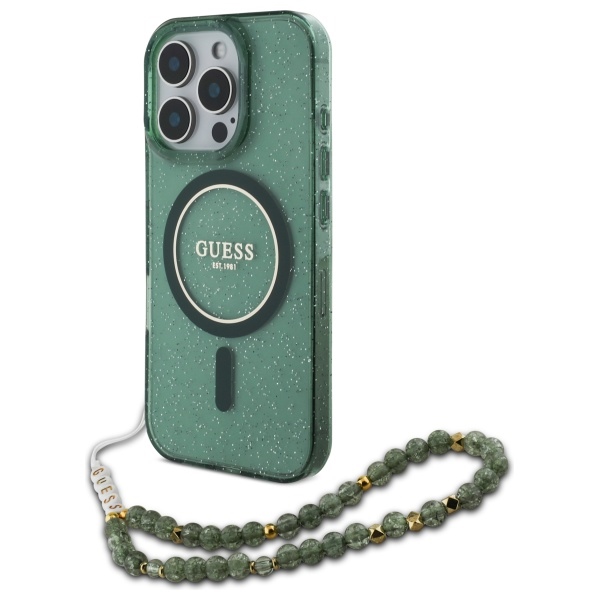 Guess IML Glitter With Pearl Strap MagSafe ümbris jaoks iPhone 16 Pro Max - roheline