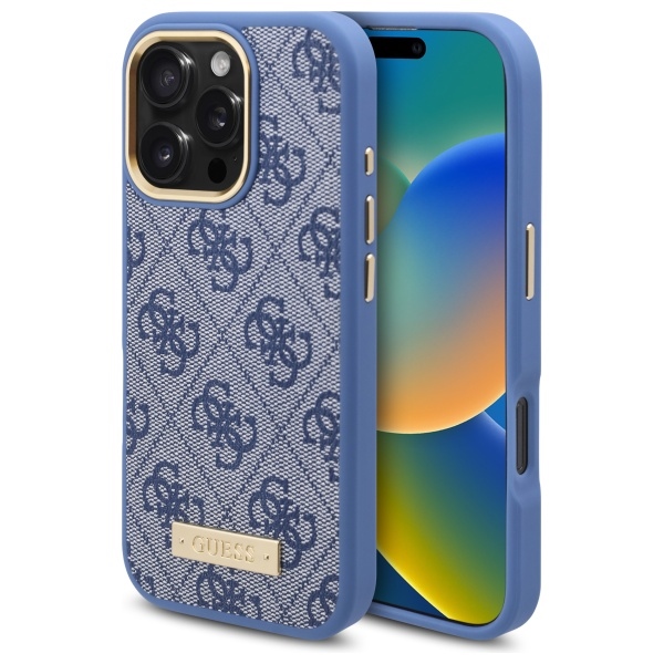 Guess 4G Logo Plate MagSafe Чехол для iPhone 16 Pro Max - синий