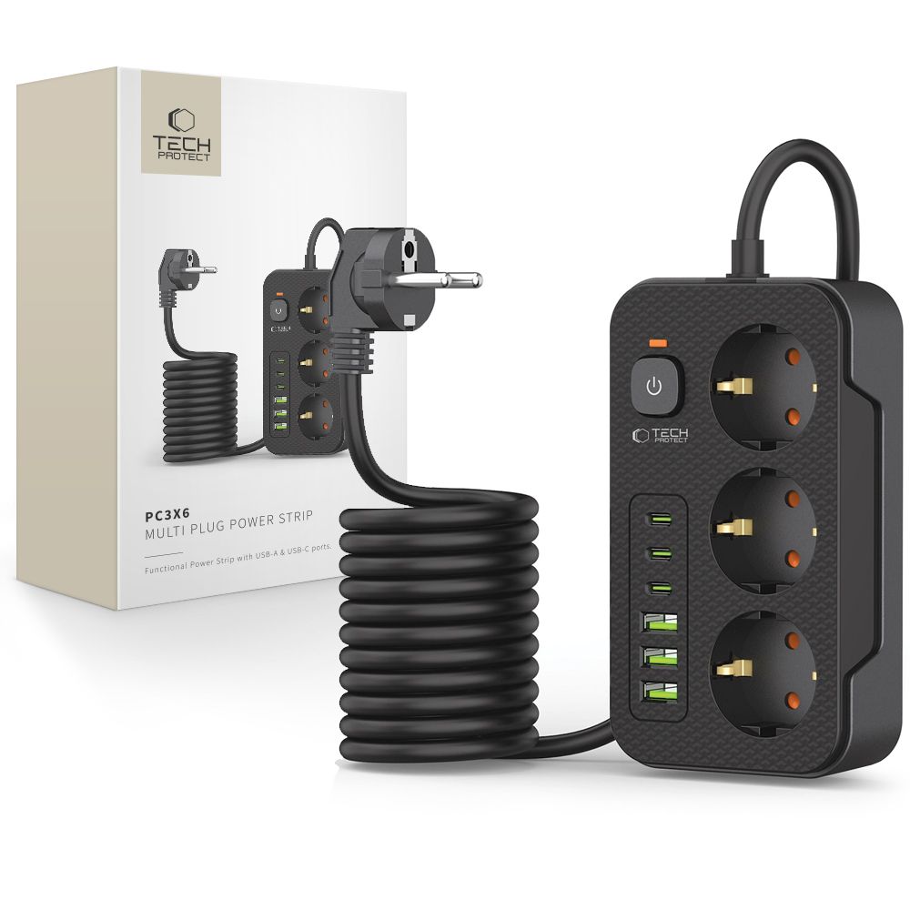 TECH-PROTECT PC3X6 PIKENDUSJUHE 3 USB & 3 TYPE-C & 3 PESA 200CM MUST