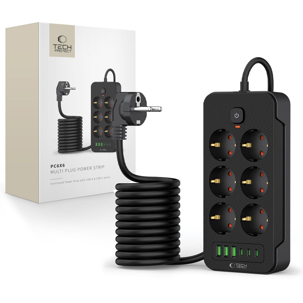 TECH-PROTECT PC6X6 PIKENDUSJUHE 3 USB & 3 TYPE-C & 6 PESA 200CM MUST