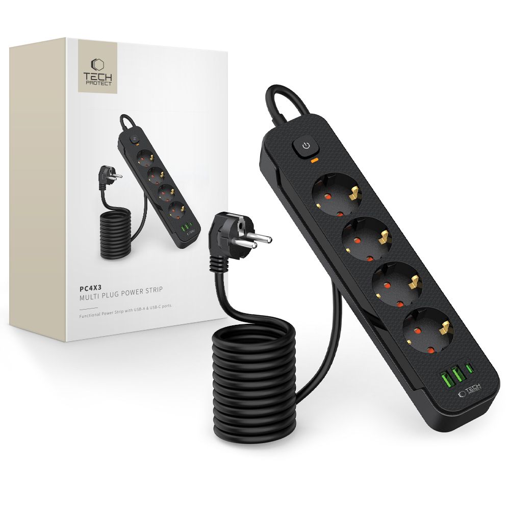 TECH-PROTECT PCL4X3 PIKENDUSJUHE 2 USB & 1 TYPE-C & 4 PESA 200CM MUST