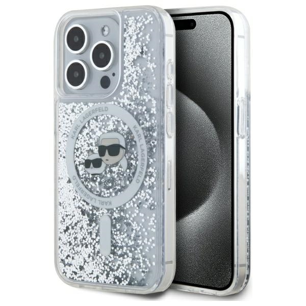 Karl Lagerfeld Liquid Glitter Karl & Choupette Head Magsafe Ümbris jaoks iPhone 15 Pro Max - Clear