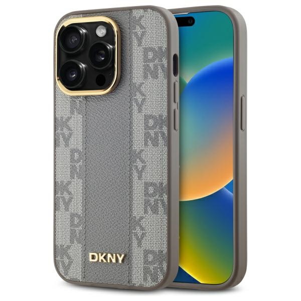 DKNY Leather Checkered Mono Pattern MagSafe iPhone 14 Pro Ümbris - Beige