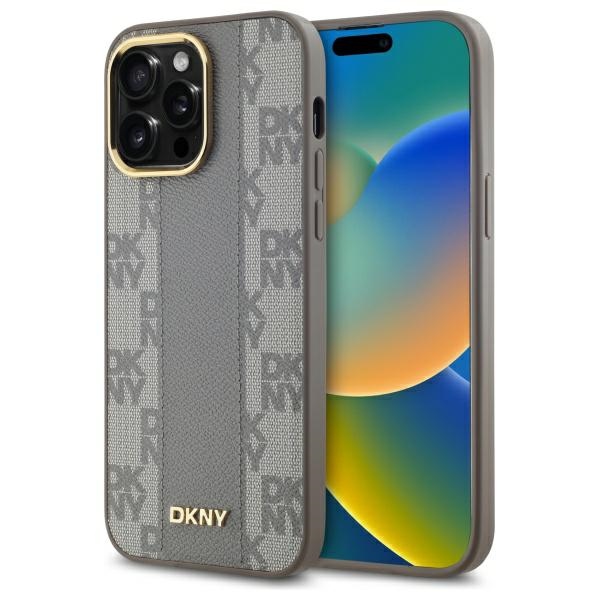 DKNY Leather Checkered Mono Pattern MagSafe iPhone 14 Pro Max Ümbris - Beige