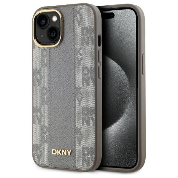 DKNY Leather Checkered Mono Pattern MagSafe iPhone 15 Plus Ümbris - Beige