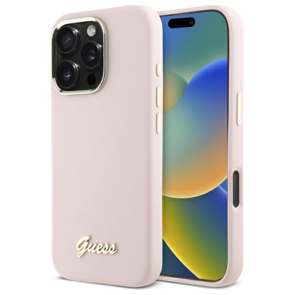 Guess Silicone Script Metal Logo & Frame iPhone 16 Pro Max Ümbris - roosa