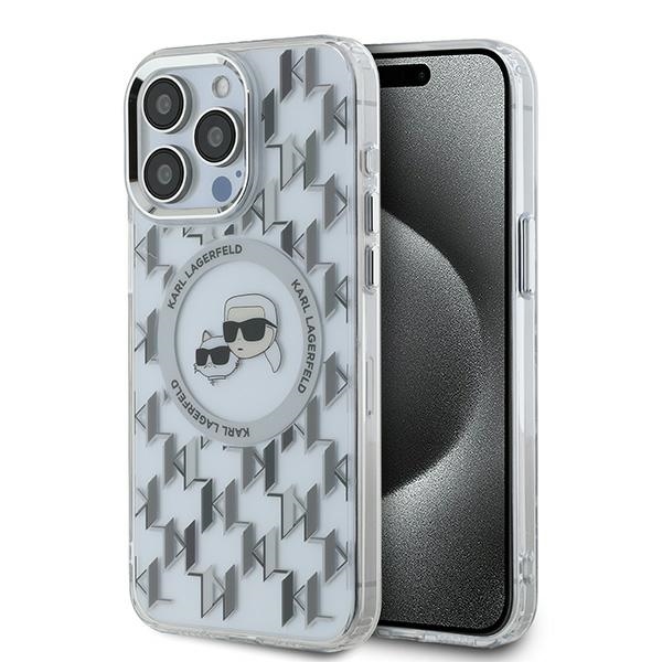 Karl Lagerfeld IML Monogram Karl & Choupette Head MagSafe iPhone 15 Pro Ümbris - Clear