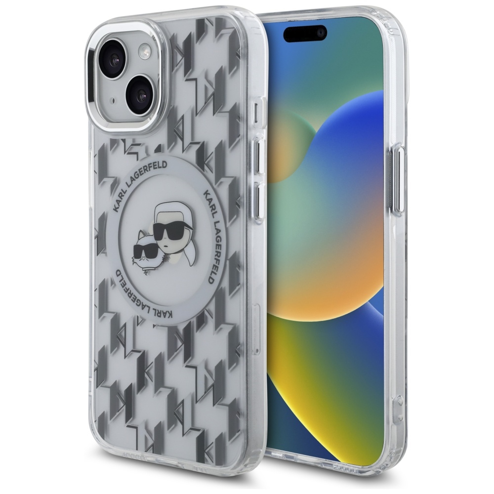 Karl Lagerfeld IML Monogram Karl & Choupette Head MagSafe iPhone 15 Ümbris - Clear
