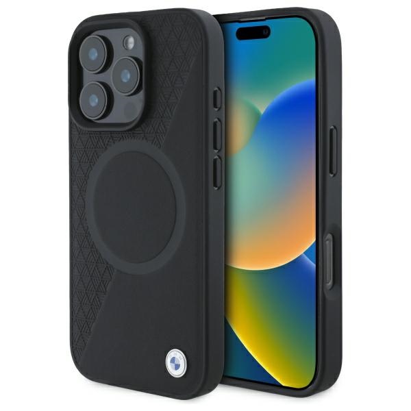 BMW Sign Leather Half Textured And Circle MagSafe ümbris jaoks iPhone 16 Pro Max - must