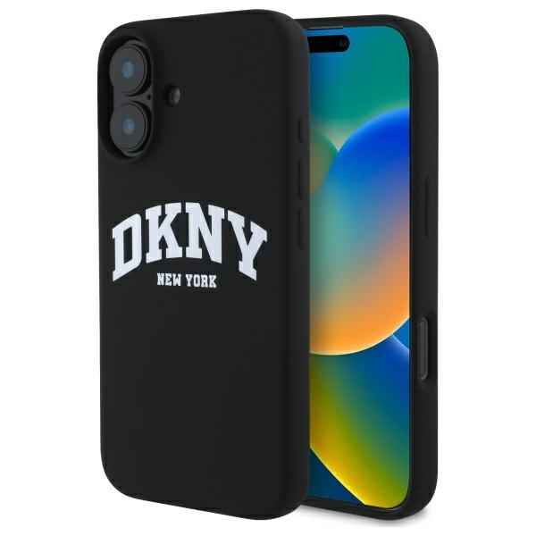 DKNY Silicone Valge Printed Logo MagSafe iPhone 16 Ümbris - Must