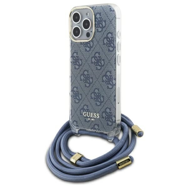 Guess Crossbody Cord 4G Print Ümbris with Lanyard jaoks iPhone 16 Pro - sinine