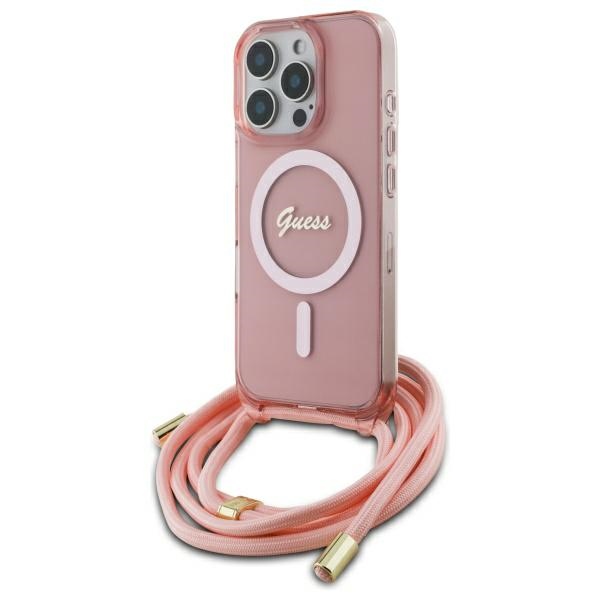 Guess Crossbody Cord Script MagSafe Ümbris jaoks iPhone 16 Pro Max - roosa
