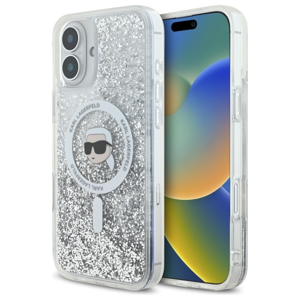 Karl Lagerfeld Liquid Glitter Karl Head Magsafe Ümbris jaoks iPhone 16 Plus - Clear
