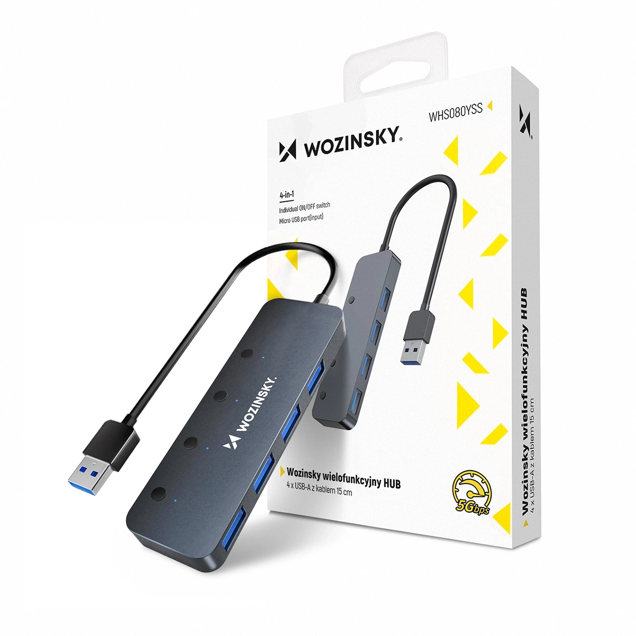 USB-A Hub Wozinsky WHS080YSS 4 x USB-A 3.0 with individual switches, aluminum, with 30 cm kaabel - hall