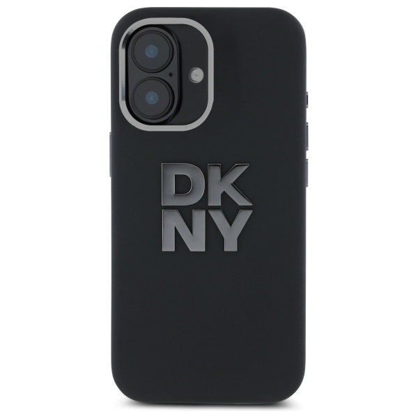 DKNY Liquid Silicone Metal Logo iPhone 16 Ümbris - Must